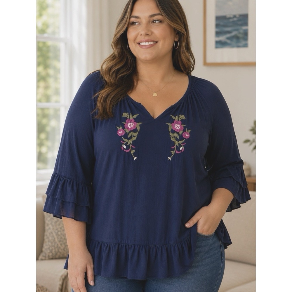 Kim Rogers Floral Embroidered Gauzy Navy Top Womens Sz 2X Cottage Peplum Ruffle